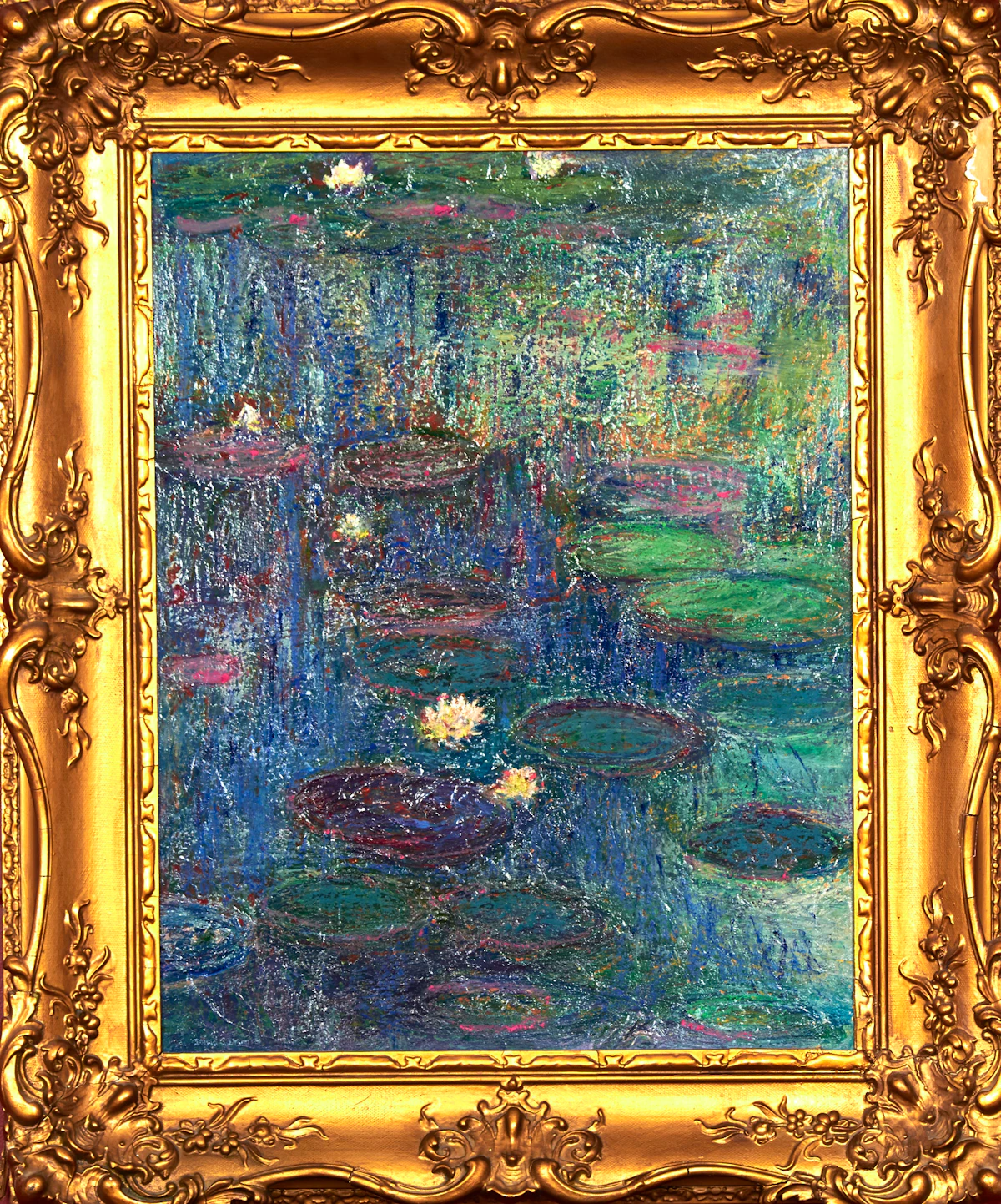David Drum, Water Lilies, oil and oil pastel on canvas board