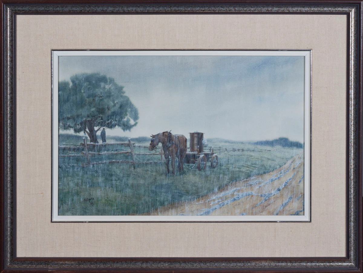 Armand Paquette, Horse Cart in the Rain, watercolour