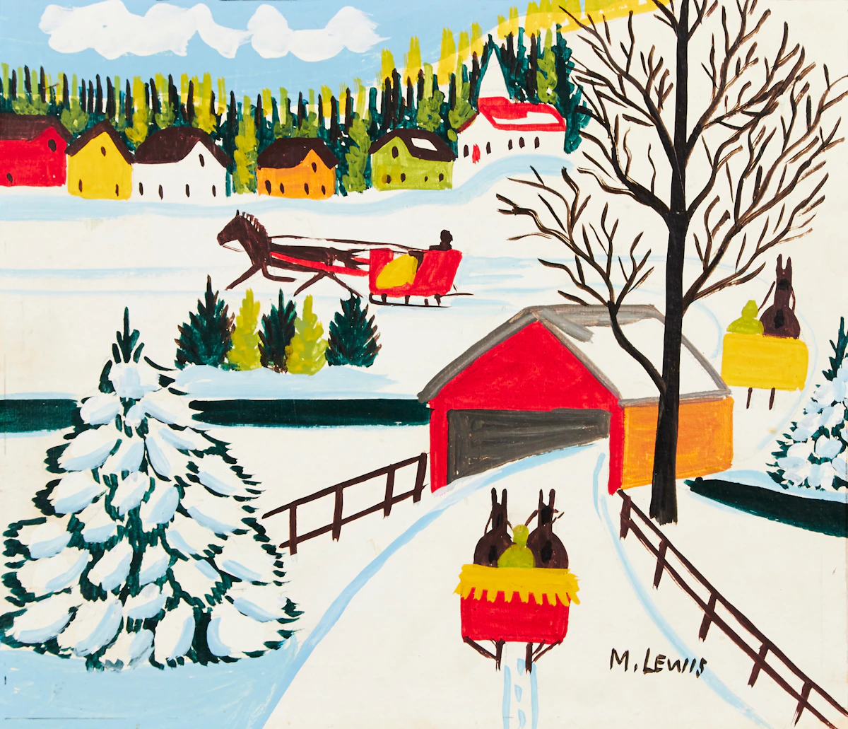 Maud Lewis, Winter Sleigh Ride, oil on board, circa 1964