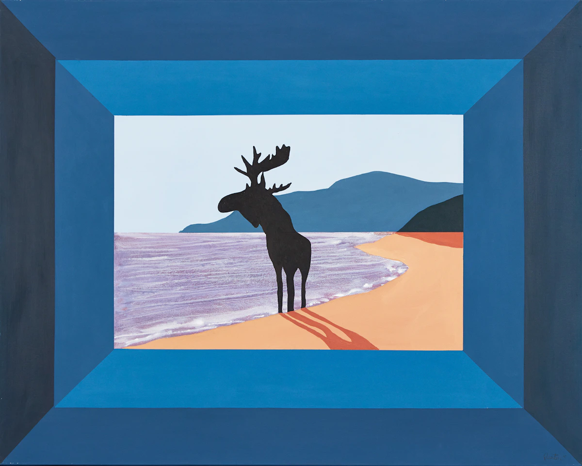 Charles Pachter, Prelude to the Afternoon of a Moose, L’apres midi d’un orignal (Baie-St-Paul, Quebec), acrylic on canvas, 2001