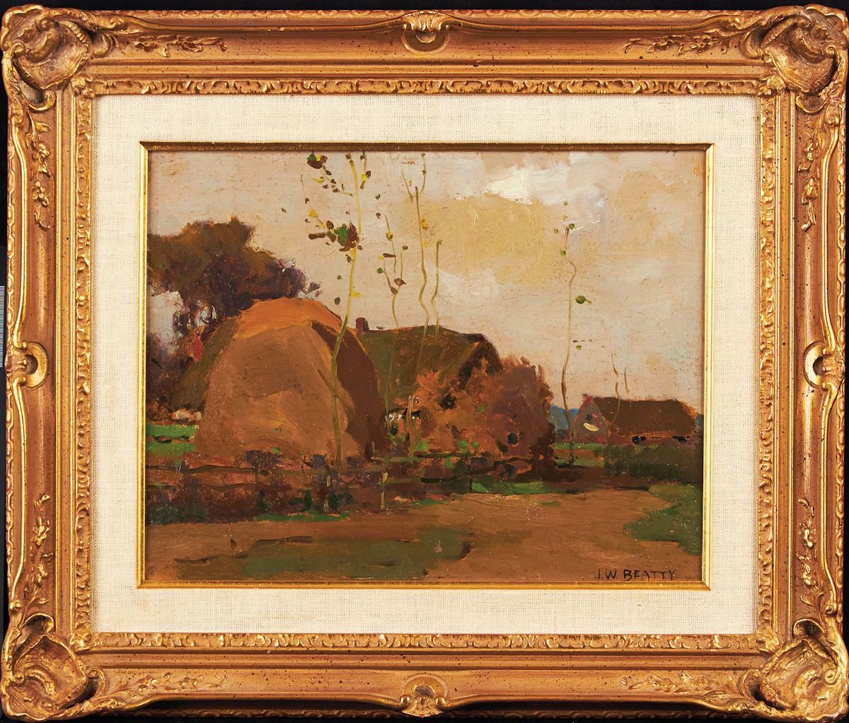 John William Beatty, Village in Autumn, oil on board