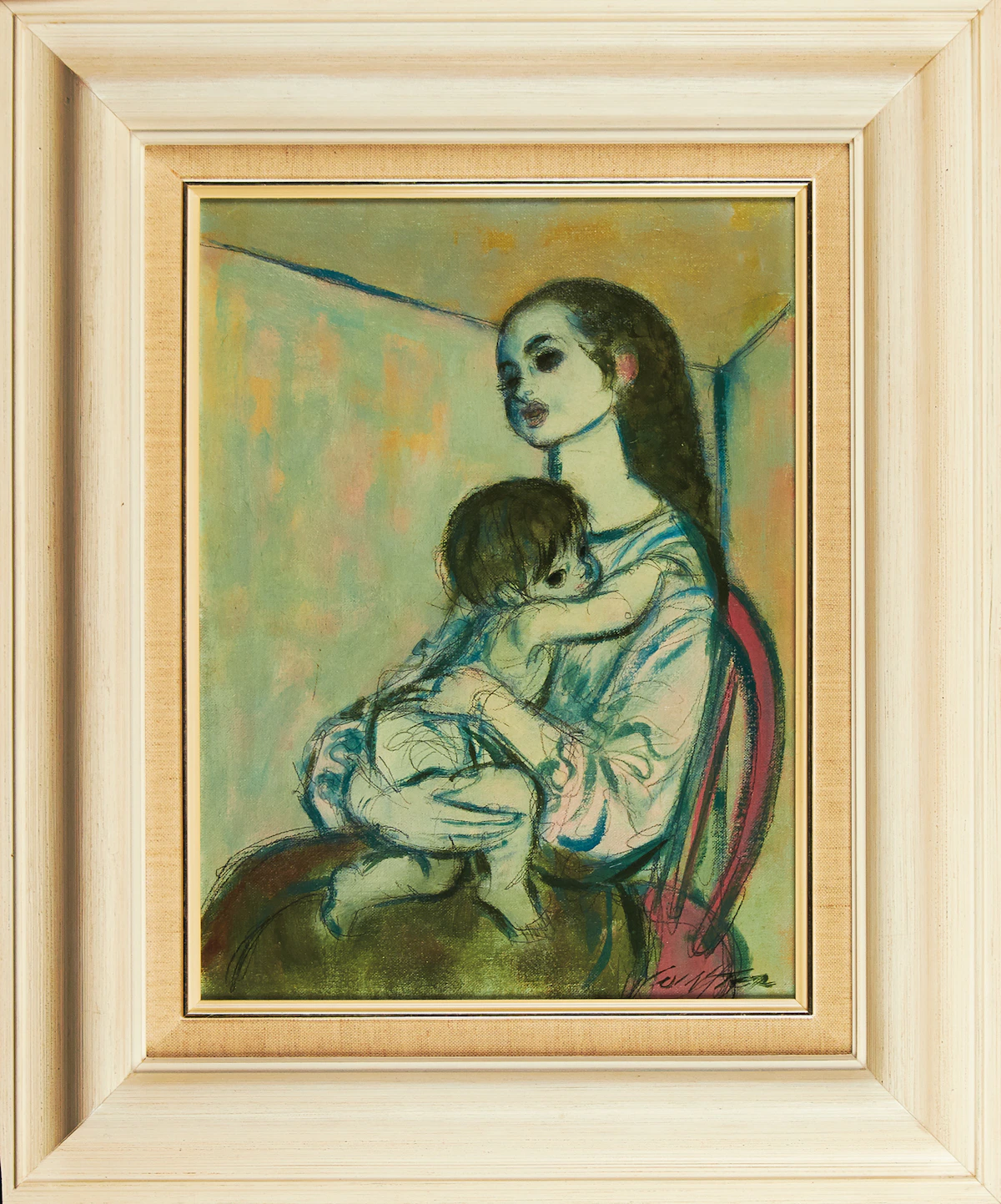 William Arthur Winter, Young Mother in Red Chair, oil on canvas board