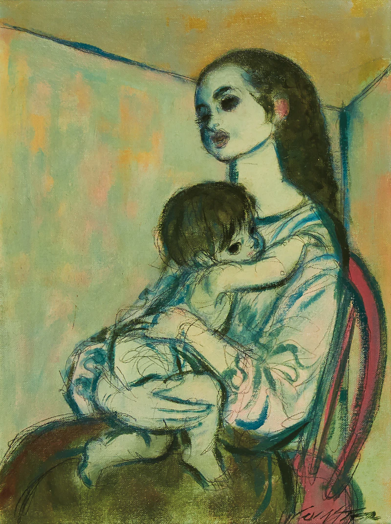 William Arthur Winter, Young Mother in Red Chair, oil on canvas board - view 2
