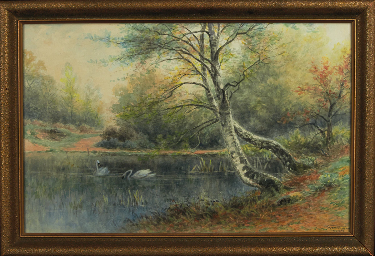 Frederick Arthur Verner, Landscape with Swans, watercolour, 1897