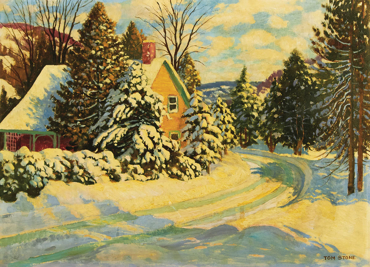 Thomas Albert Stone, Wintry Cottage, Credit Forks, oil on board