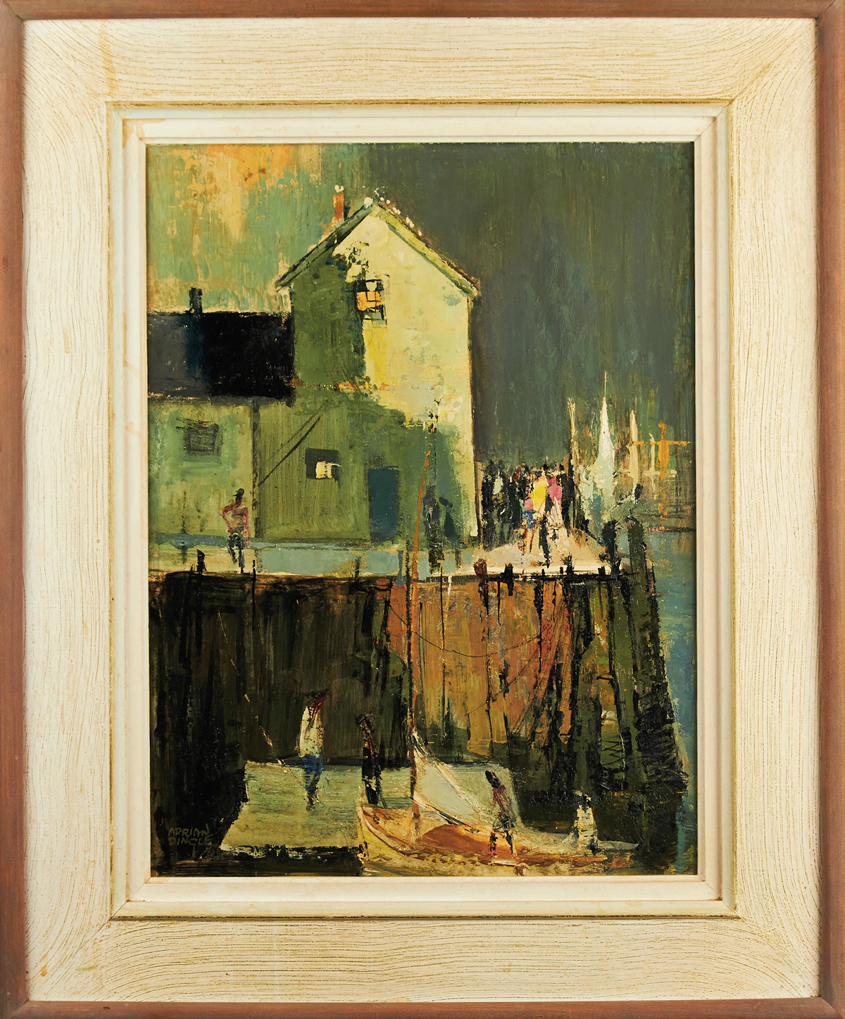 John Adrian Darley Dingle, Evening Tourists, Rockport Harbour, oil on board