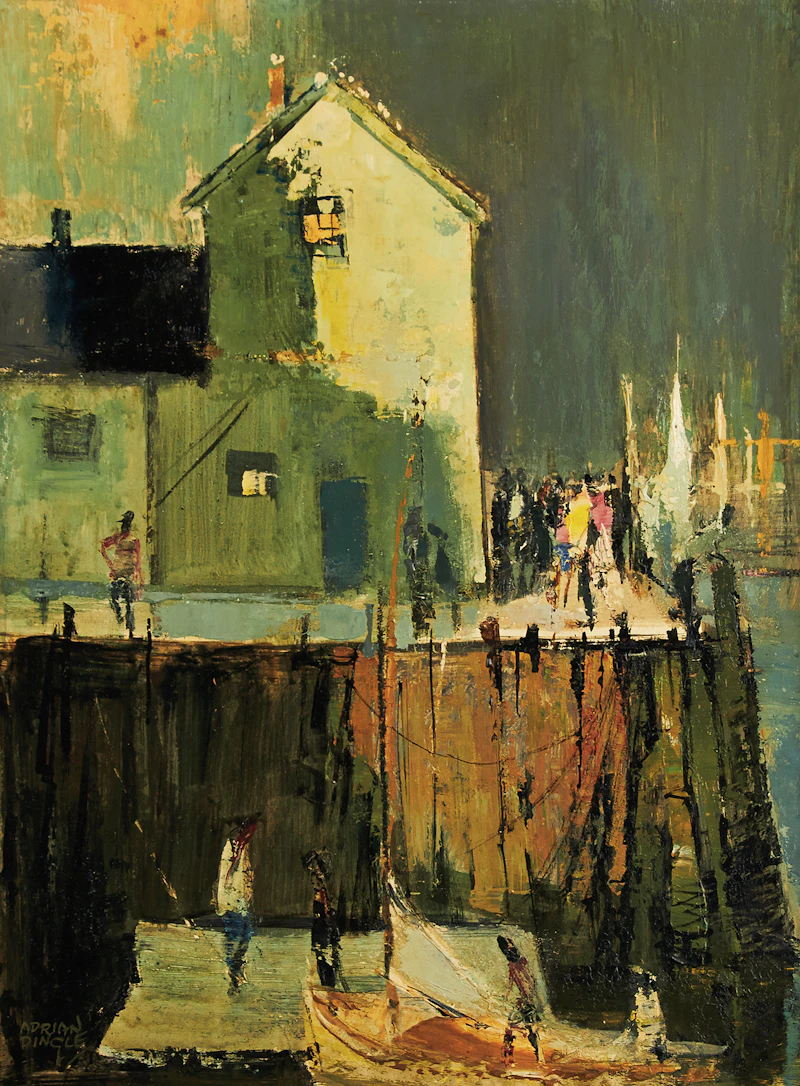 John Adrian Darley Dingle, Evening Tourists, Rockport Harbour, oil on board - view 2