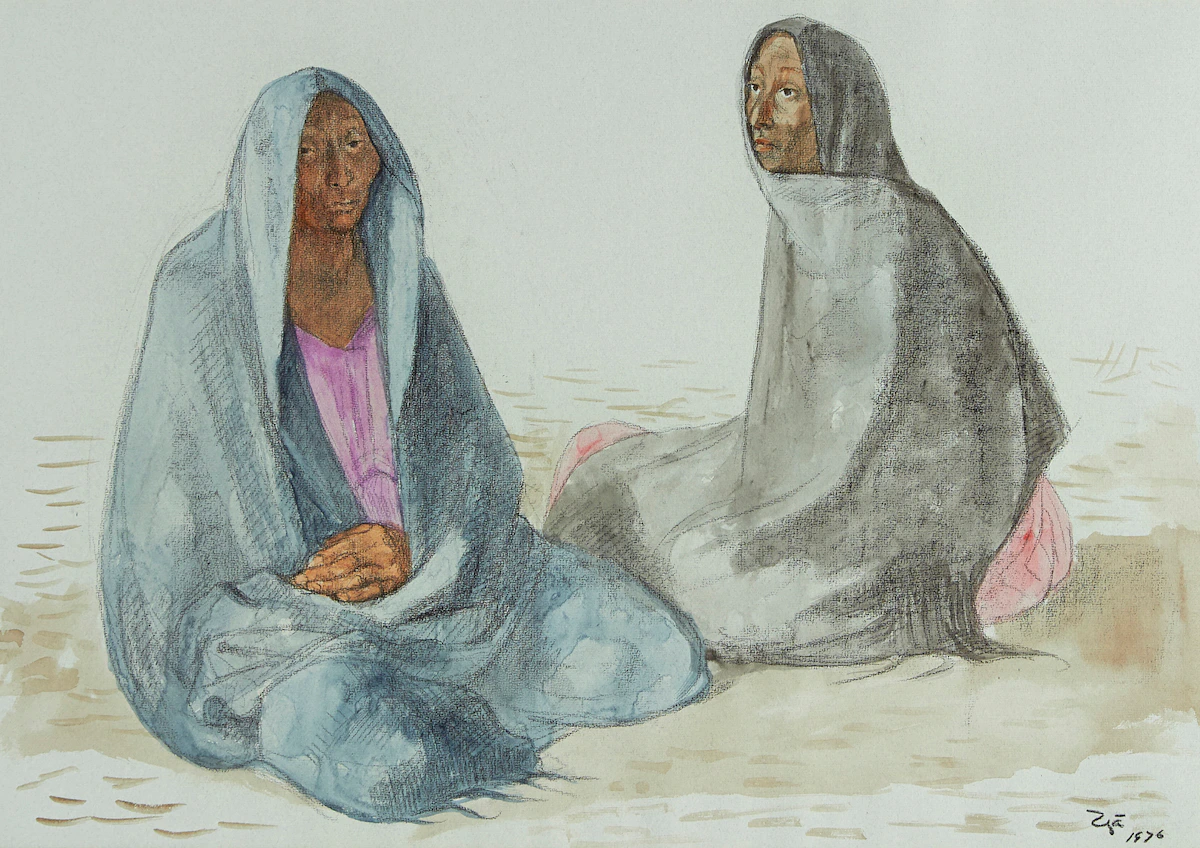 Francisco Zúñiga, Dos Mujeres Sentadas Con Rebozos, watercolour and crayon, 1976
