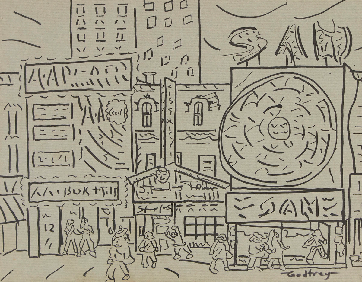 John Godfrey, Untitled (”Yonge Street Scene”); Untitled (”Airport Scene”), ink drawings, 1973