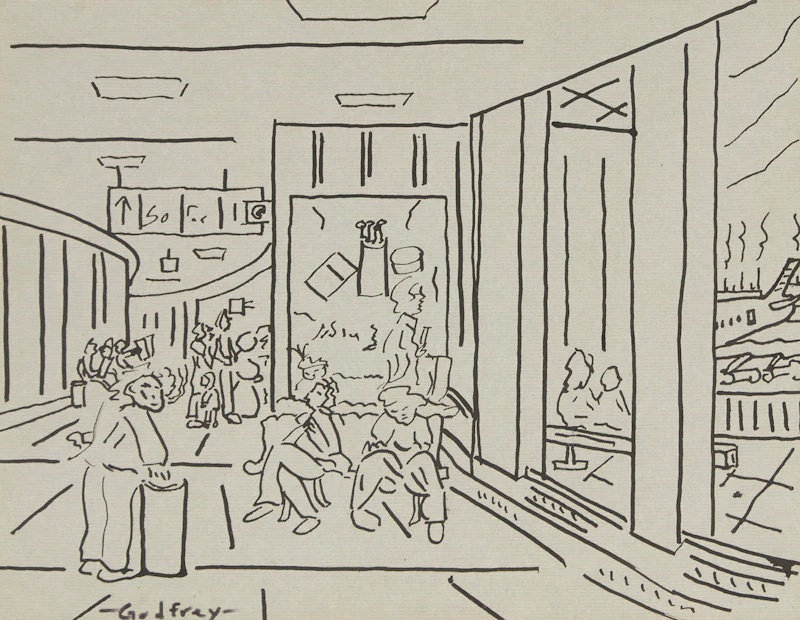 John Godfrey, Untitled (”Yonge Street Scene”); Untitled (”Airport Scene”), ink drawings, 1973 - view 2