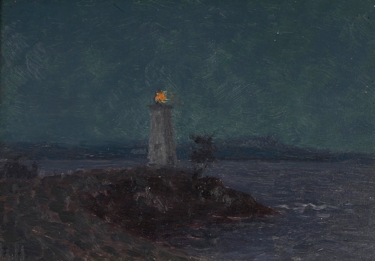 Robert Harris, Lighthouse Rock In Evening, Dalhousie, N.B., oil on board