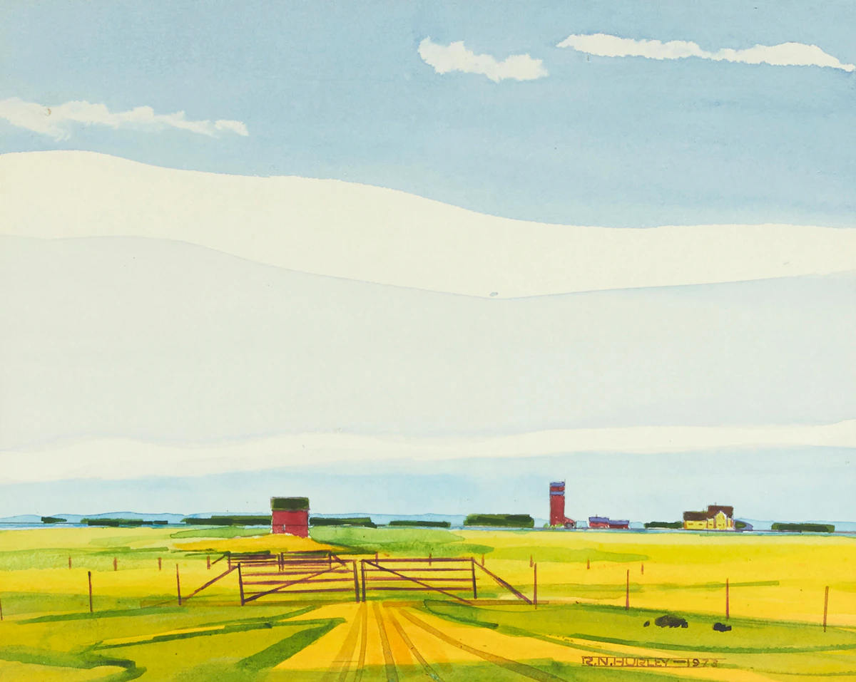Robert N. Hurley, Prairie Farmstead (Pre-Harvest), watercolour, 1973