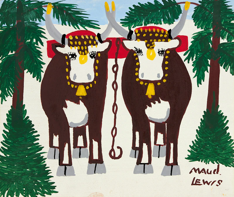 Oxen in Winter Landscape by Maud Lewis