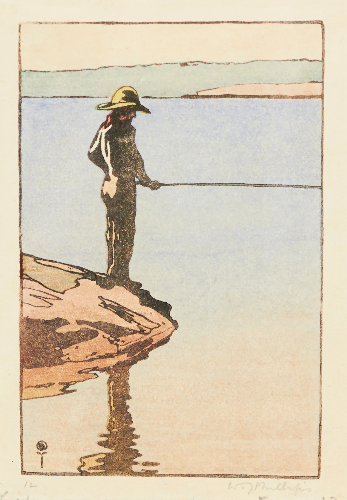 Walter Joseph Phillips, The Angler, colour woodcut, 1926