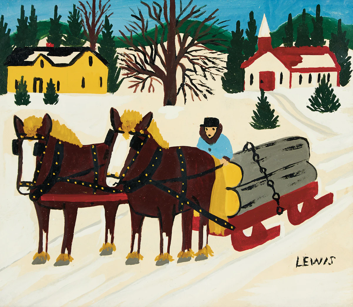Maud Lewis, Winter Logging Scene, oil on board