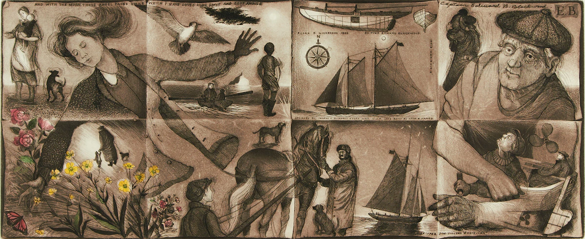 David Lloyd Blackwood, Folded Studies, etching and aquatint with hand-colouring, 1993