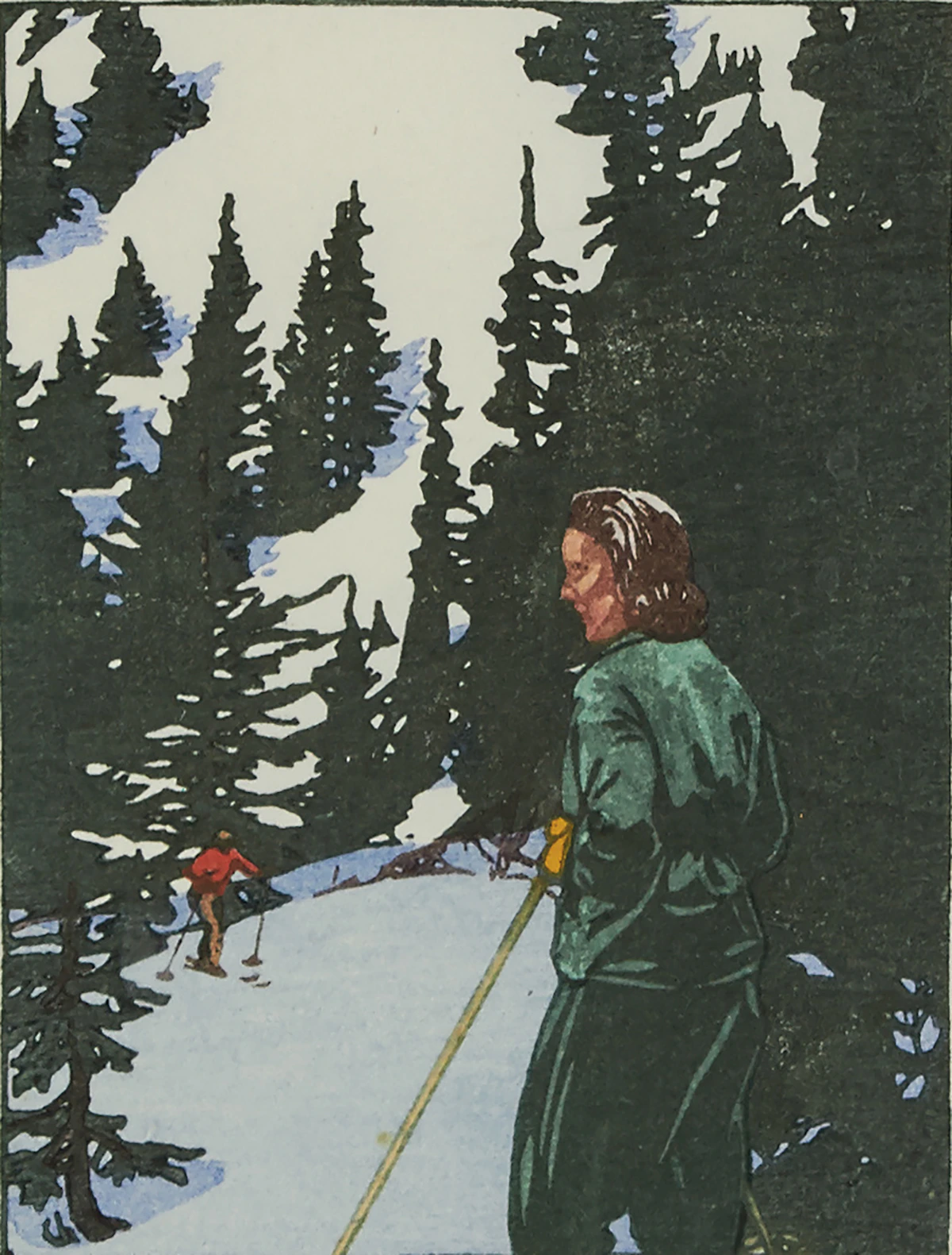 Walter Joseph Phillips, Ski Trail, colour woodcut, 1945