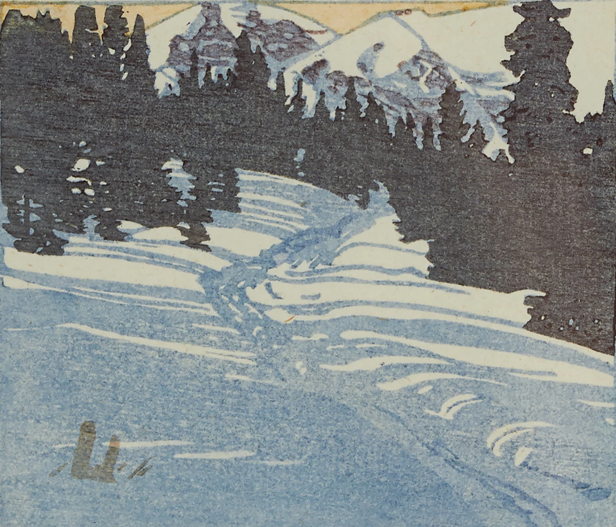Walter Joseph Phillips, Trail from Skoki, colour woodcut, 1943