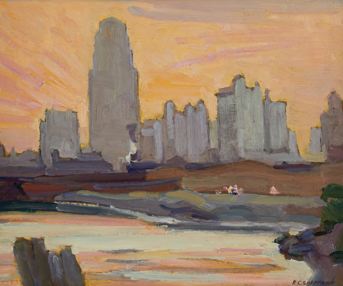 Peter Clapham Sheppard, Eventide, Toronto Skyline (circa 1932), oil on board, circa 1932
