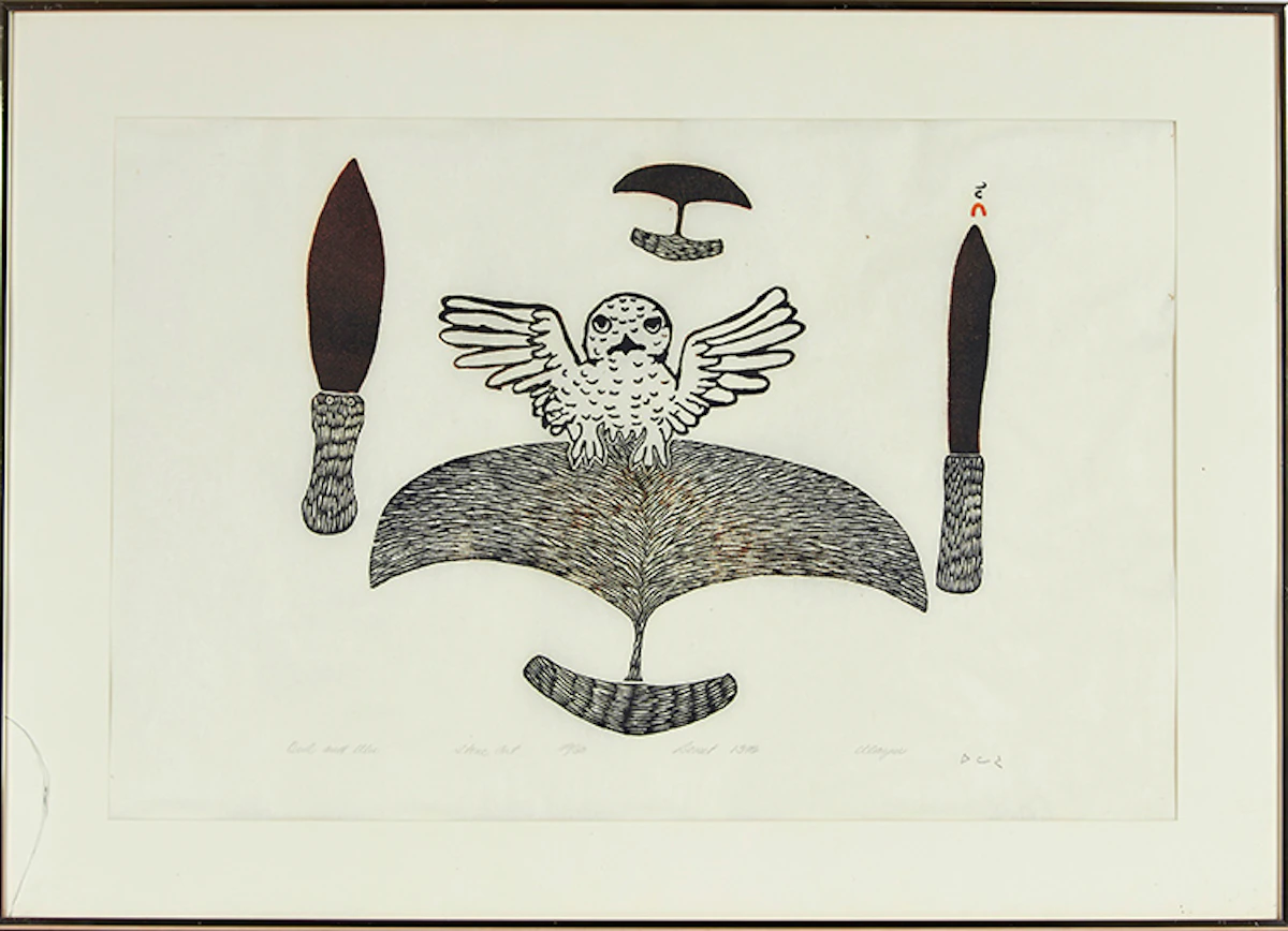 Kakulu Saggiaktok, Ulayu Pingwartok, Eegyvudluk  Pootoogook, Owl and Ulu, stonecut, 1976