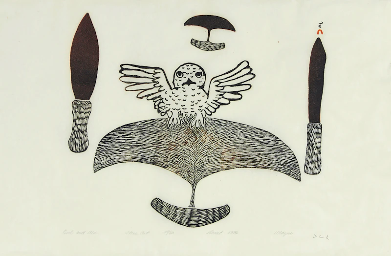 Kakulu Saggiaktok, Ulayu Pingwartok, Eegyvudluk  Pootoogook, Owl and Ulu, stonecut, 1976 - view 2