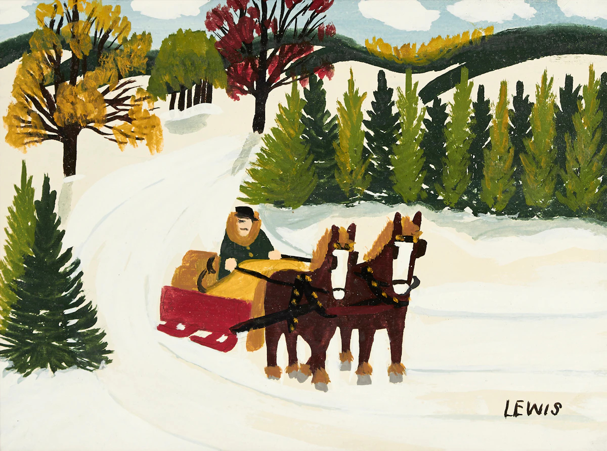 Maud Lewis, Winter Scene with Horse-Drawn Sleigh, oil on board