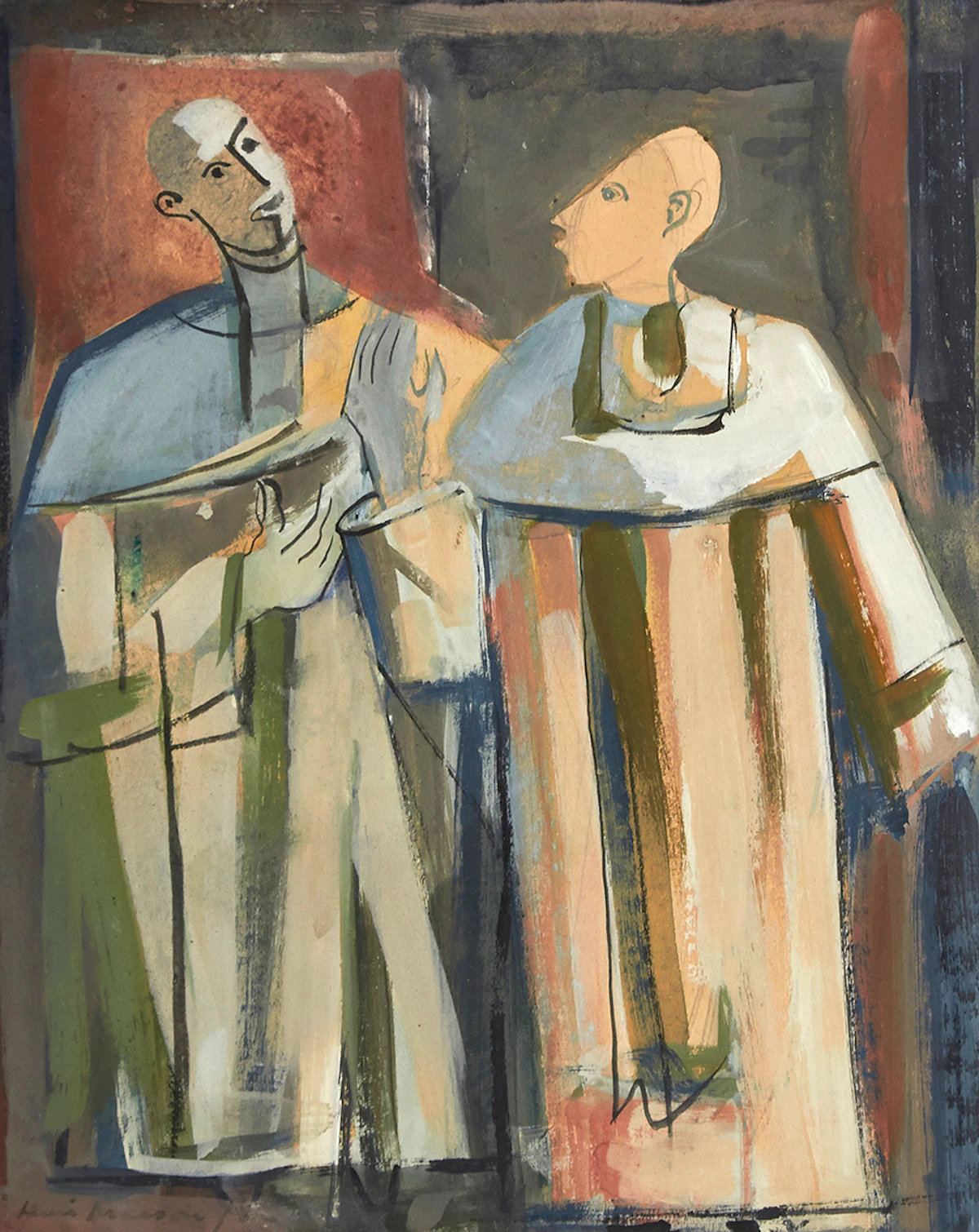 Henri Leopold Masson, Two Medieval Figures, mixed media on card, 1978