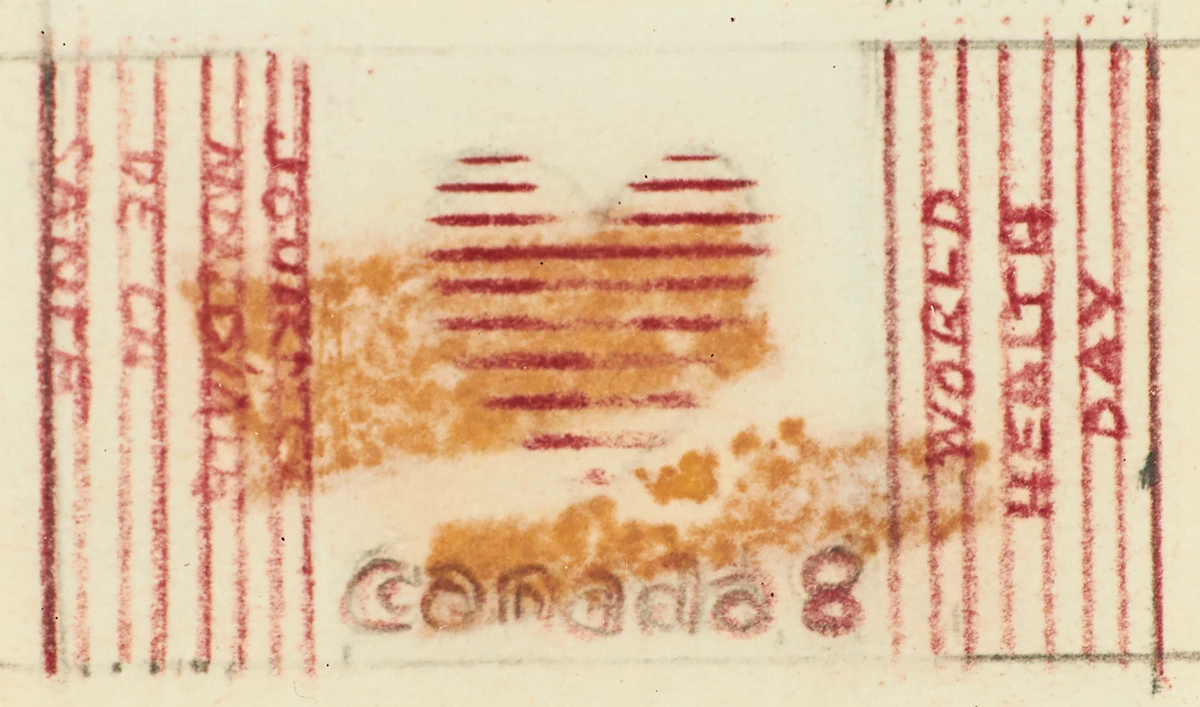 Joyce Wieland, World Health Stamp, Sketch No. 2, red ink and graphite on paper, 1972