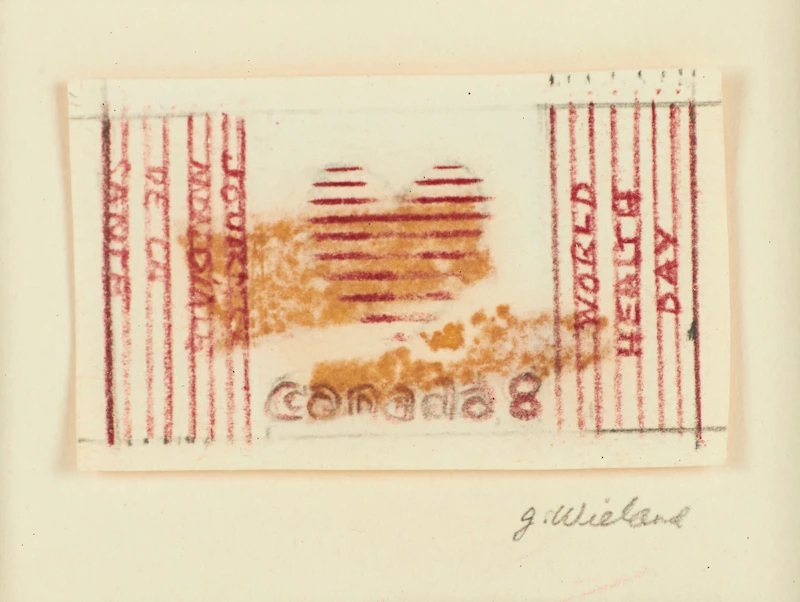 Joyce Wieland, World Health Stamp, Sketch No. 2, red ink and graphite on paper, 1972 - view 2