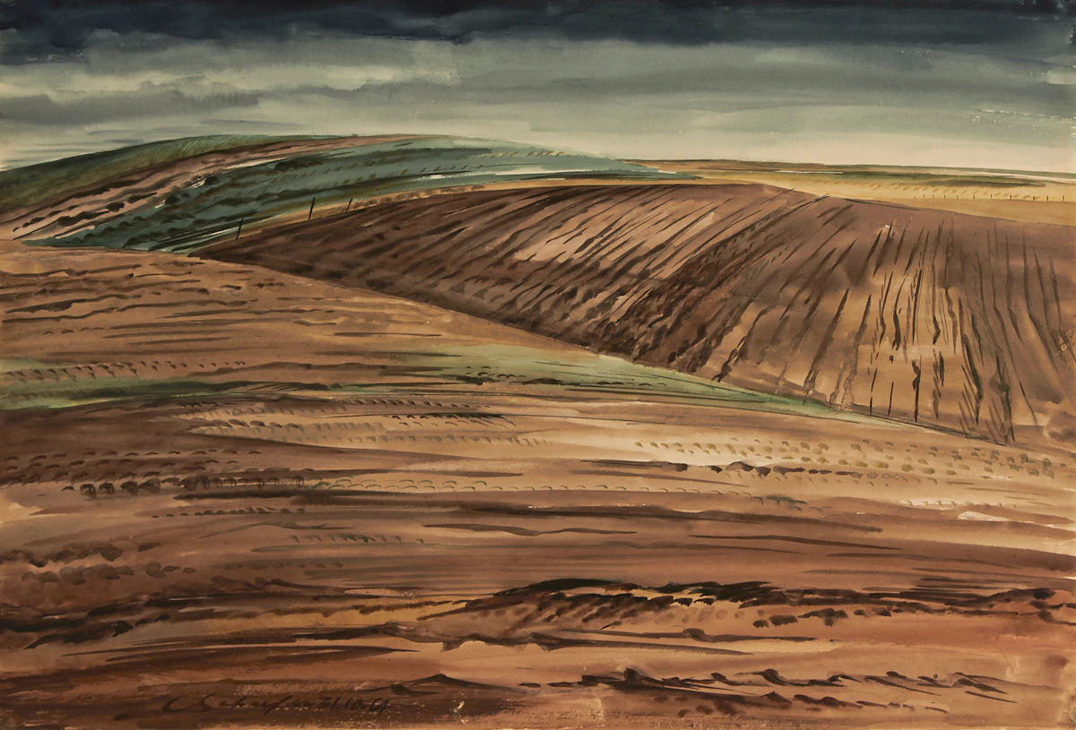 Carl Fellman Schaefer, Plowed Fields, October 1964, watercolour