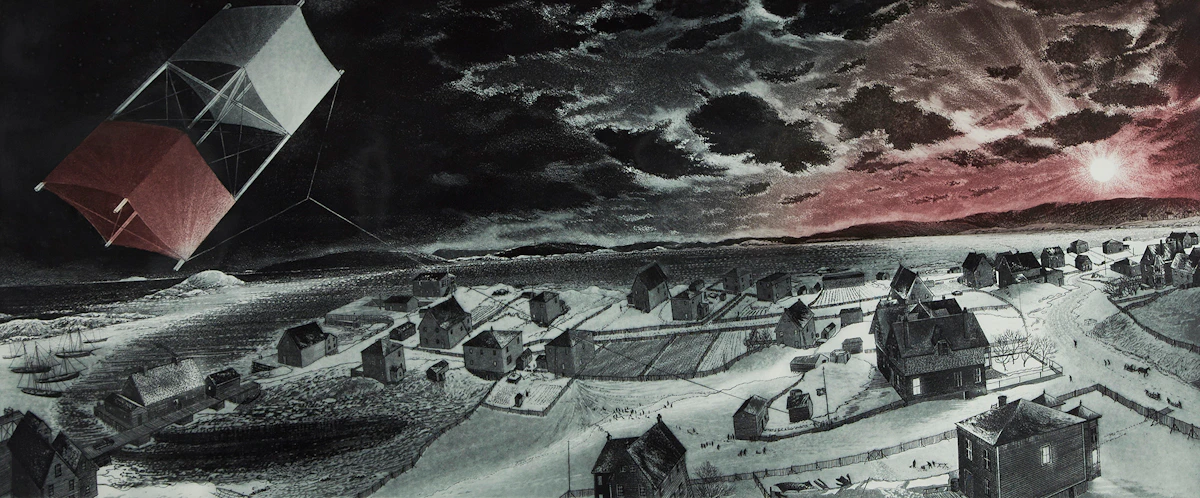 David Lloyd Blackwood, Uncle Cluny’s Kite over Wesleyville, etching and aquatint, 1989