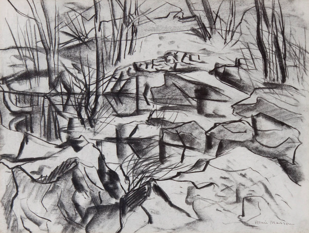 Henri Leopold Masson, Rocky Landscape, charcoal