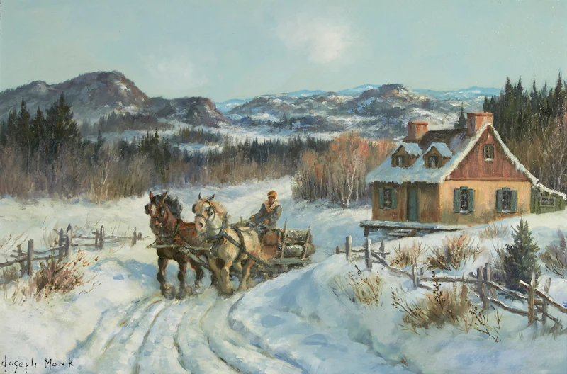 Joseph Monk, Hauling Logs in Winter, oil on canvas - view 1