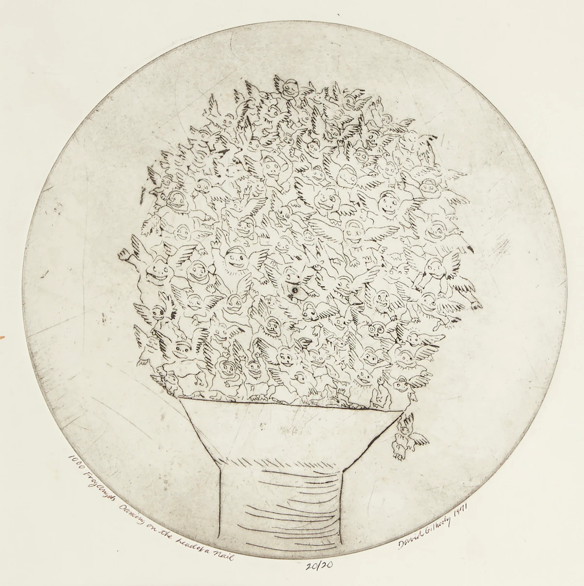 David James Gilhooly, 1000 Frog Angels Dancing on the Head of a Nail, etching, 1971