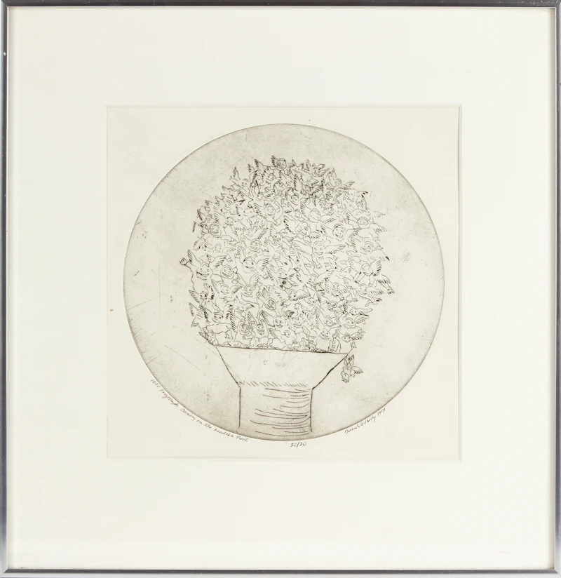 David James Gilhooly, 1000 Frog Angels Dancing on the Head of a Nail, etching, 1971 - view 2