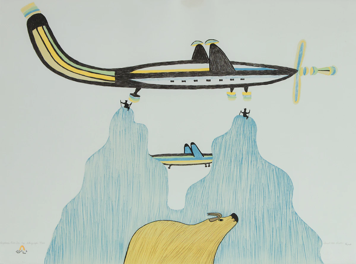 Pudlo Pudlat, Airplanes over Ice-cap, stonecut, 1980