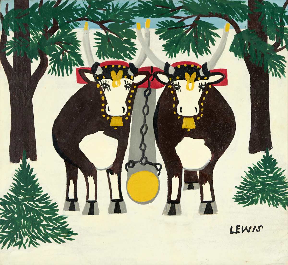 Maud Lewis, Oxen in Winter, oil on board