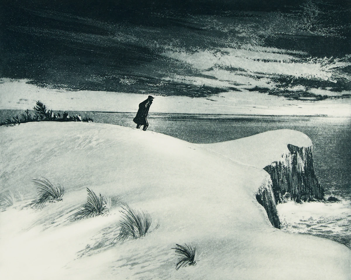 David Lloyd Blackwood, William Lane Leaving Bragg’s Island, etching and aquatint, 1971