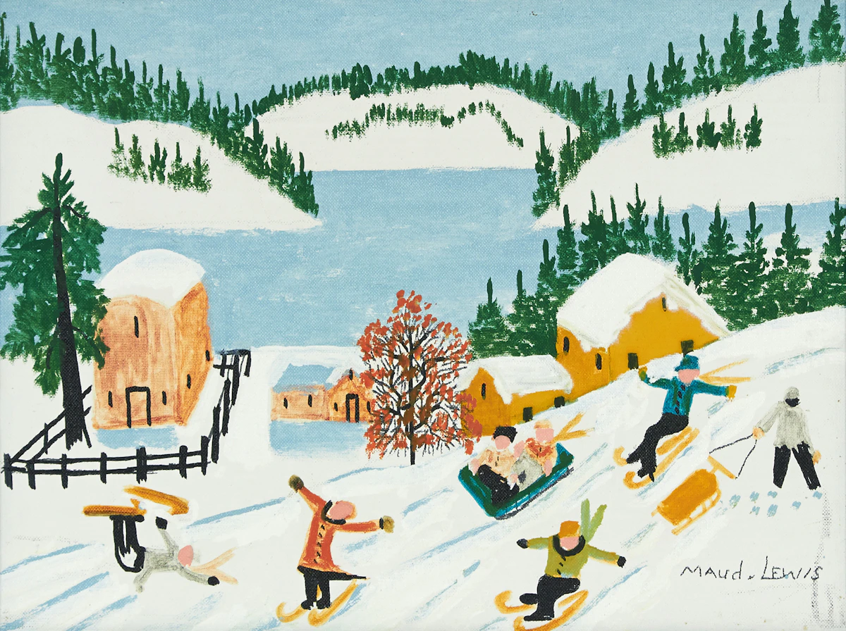Maud Lewis, Skiing and Sledding Scene, mixed media on canvas board
