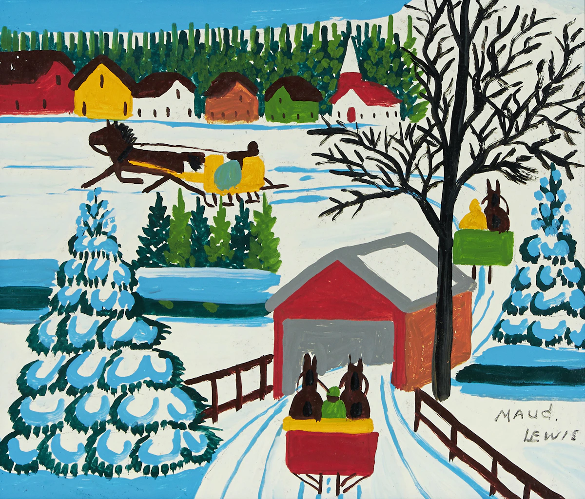 Maud Lewis, Winter Sleighing Scene, oil on masonite