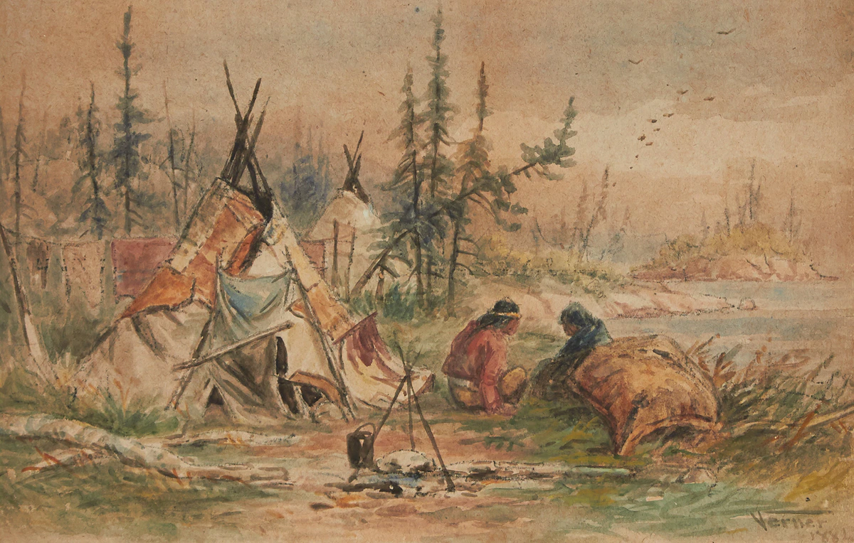 Frederick Arthur Verner, Indian Encampment on the Shore of a Lake, watercolour, 1884