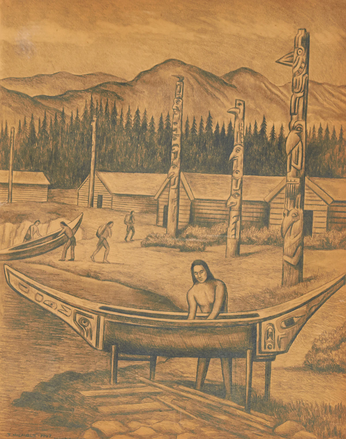 Jack Nichols, Canoe Carving, pencil drawing, 1947