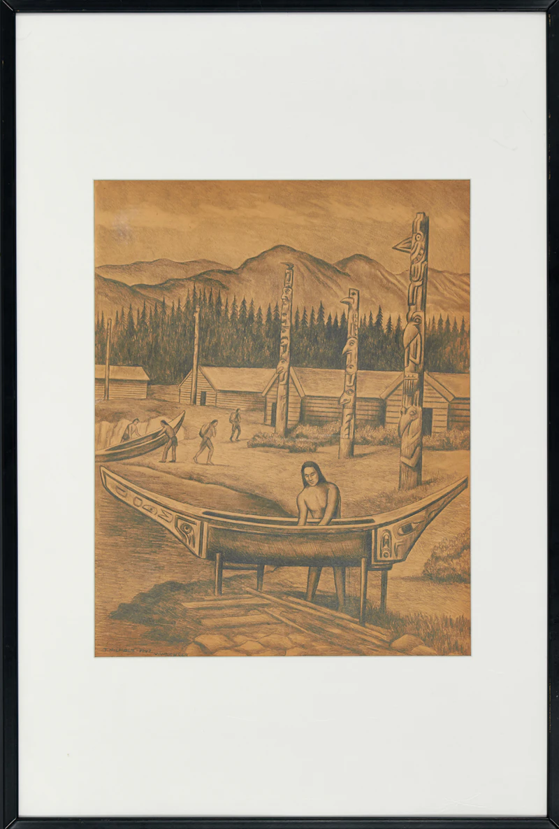 Jack Nichols, Canoe Carving, pencil drawing, 1947 - view 2