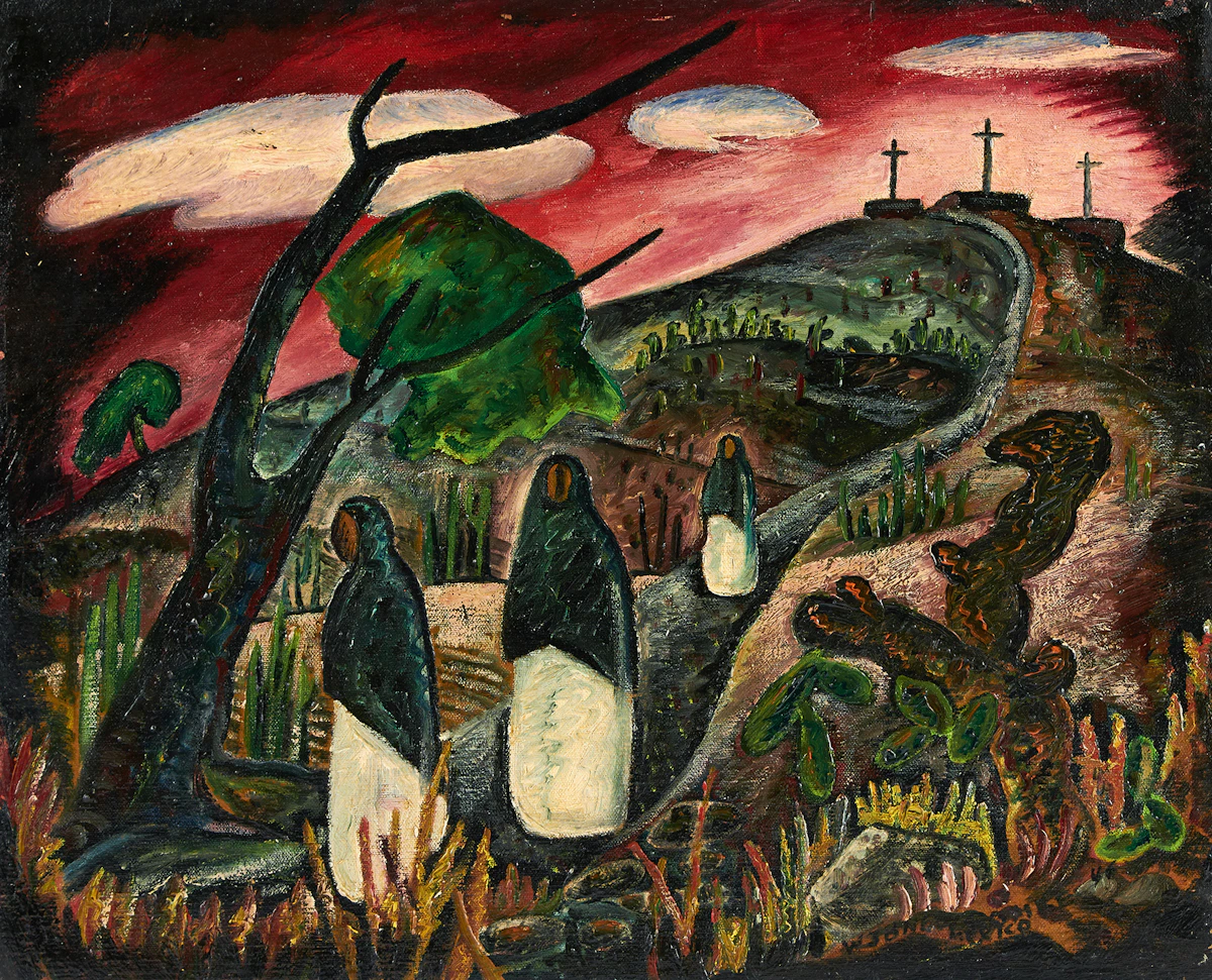 William John Bertram Newcombe, 3 Women, 3 Clouds, 3 Crosses, oil on canvas, 1946
