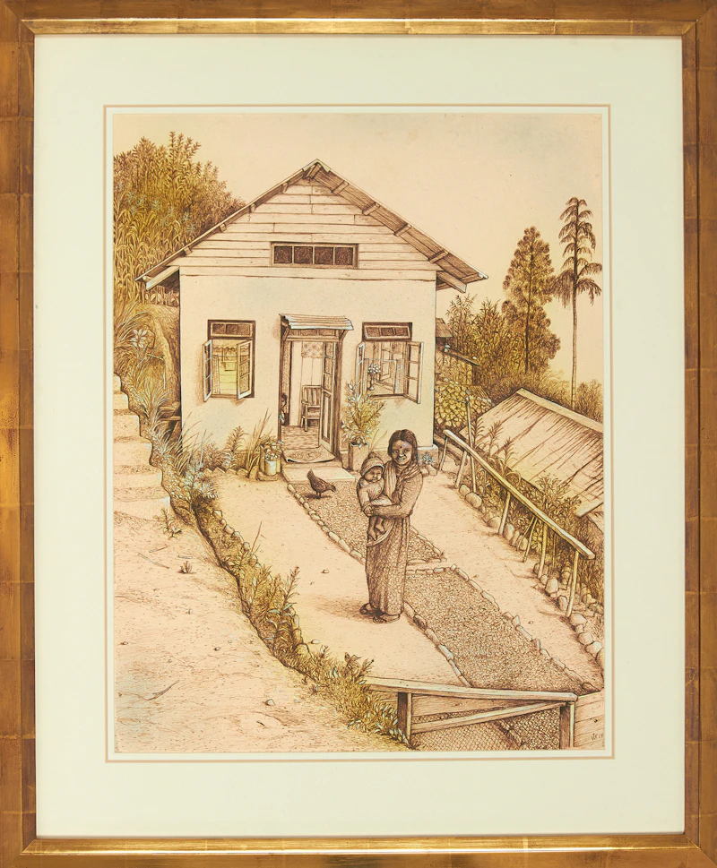 William Kurelek, Nepali Mother Before Father Abraham’s Bus-Tee (Dwelling), mixed media on paper, 1969 - view 3