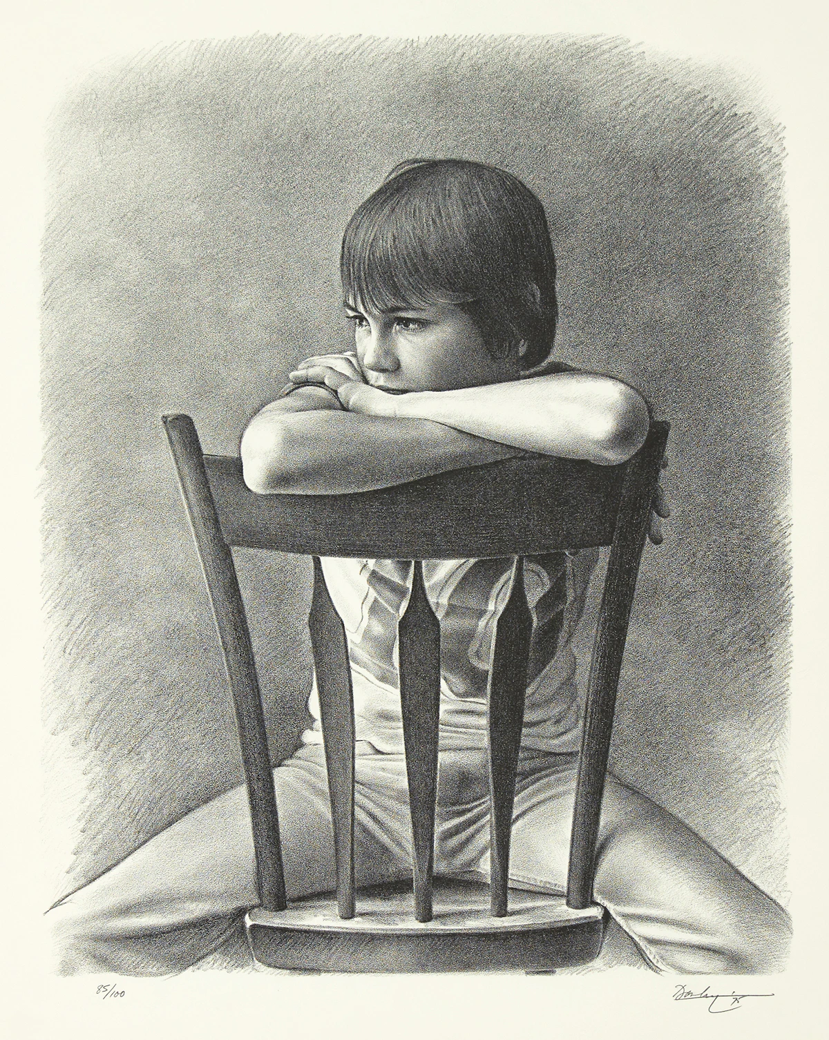 Kenneth Danby, Boy on a Chair, black and white lithograph, 1975