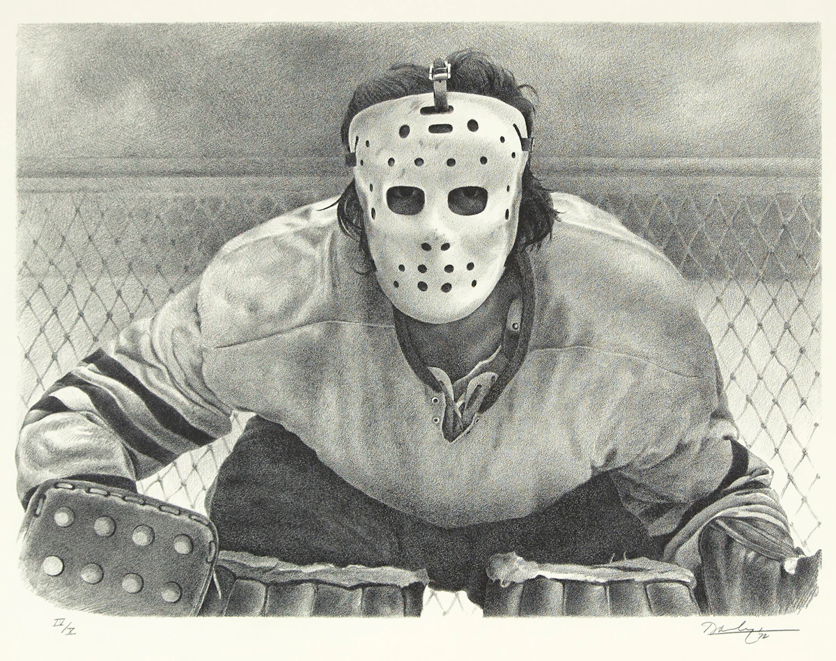Kenneth Danby, The Goalie, black and white lithograph, 1972