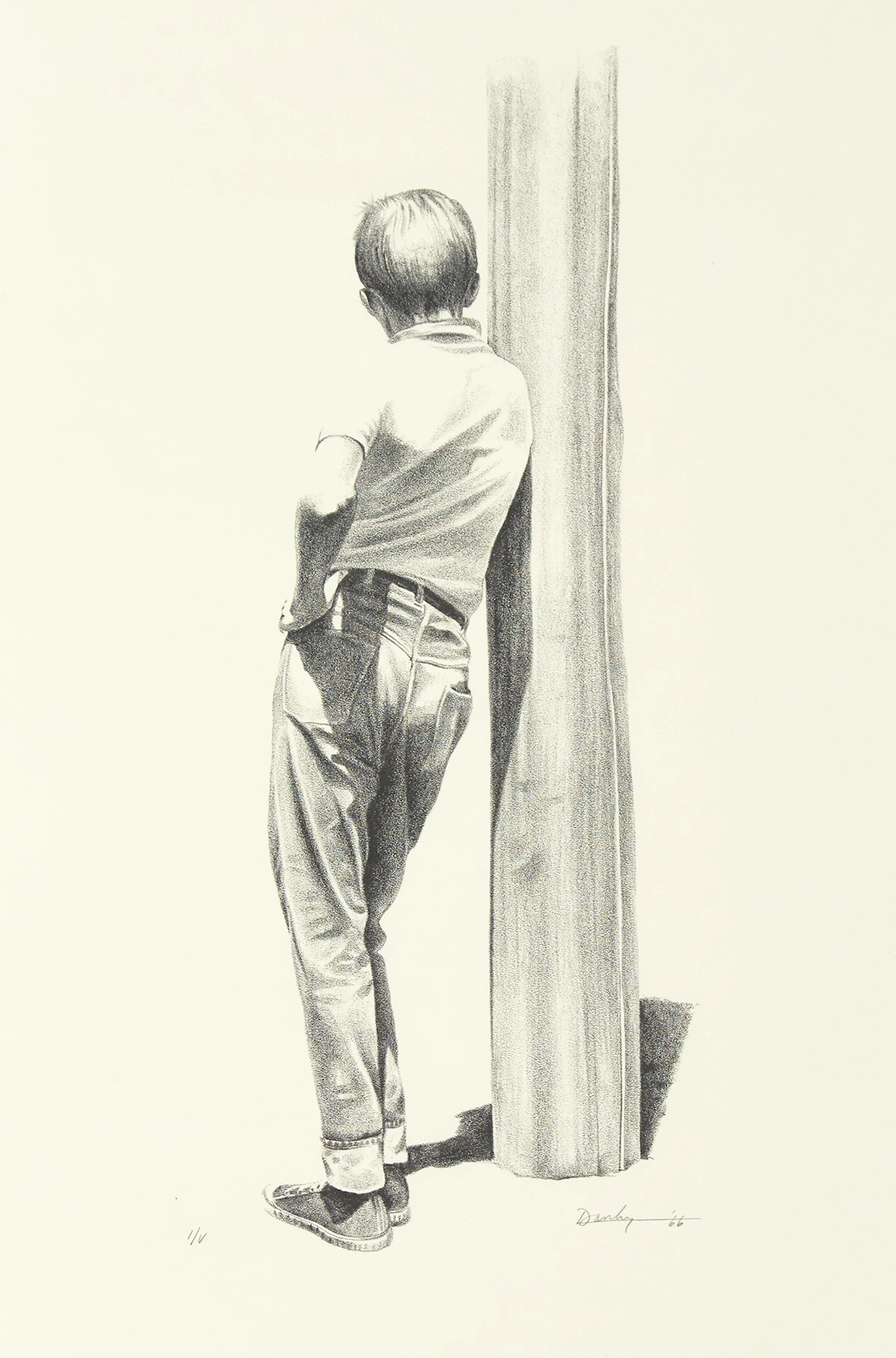 Kenneth Danby, Boy in Thought, black and white lithograph, 1966