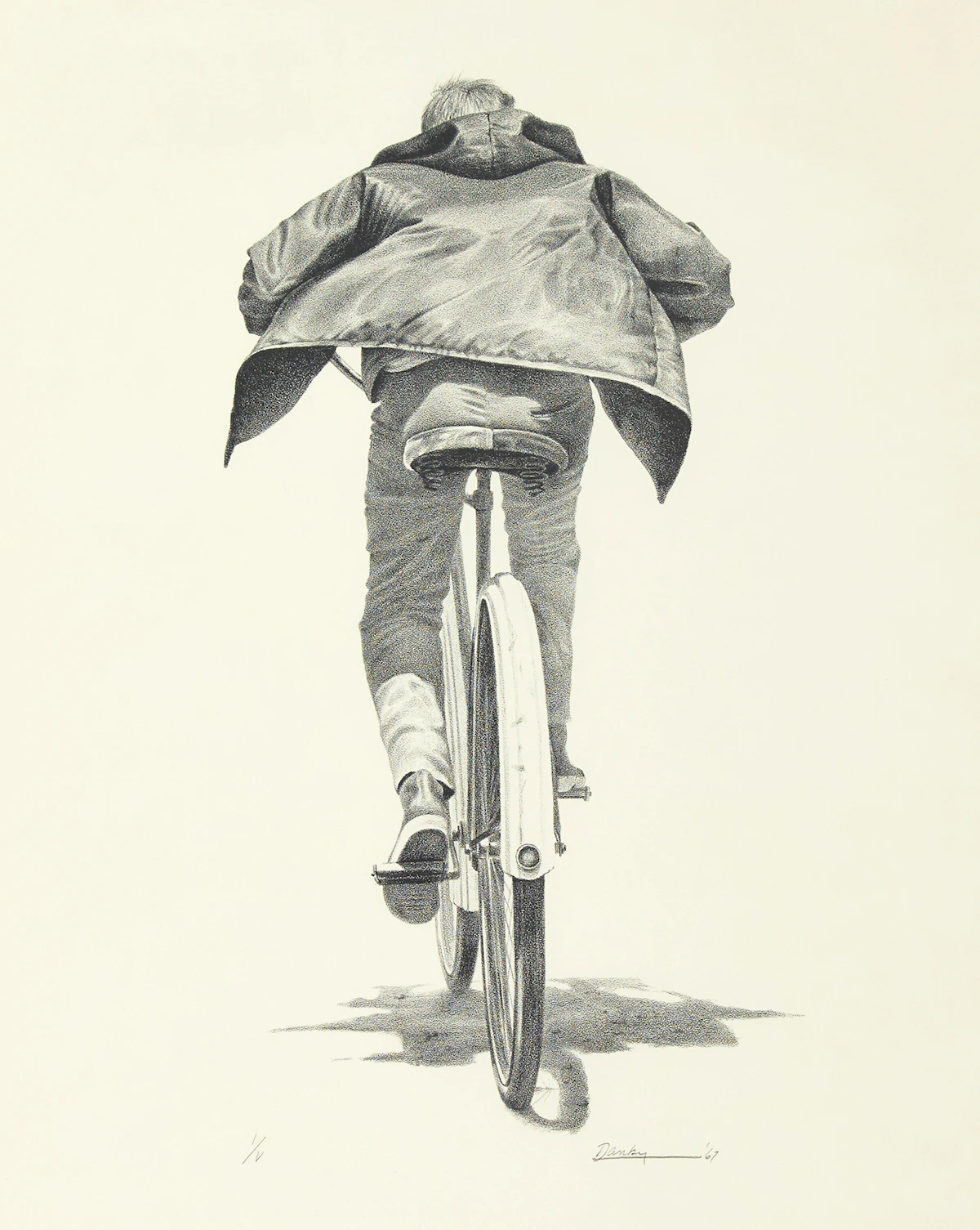 Kenneth Danby, The Cyclist, black and white lithograph, 1967