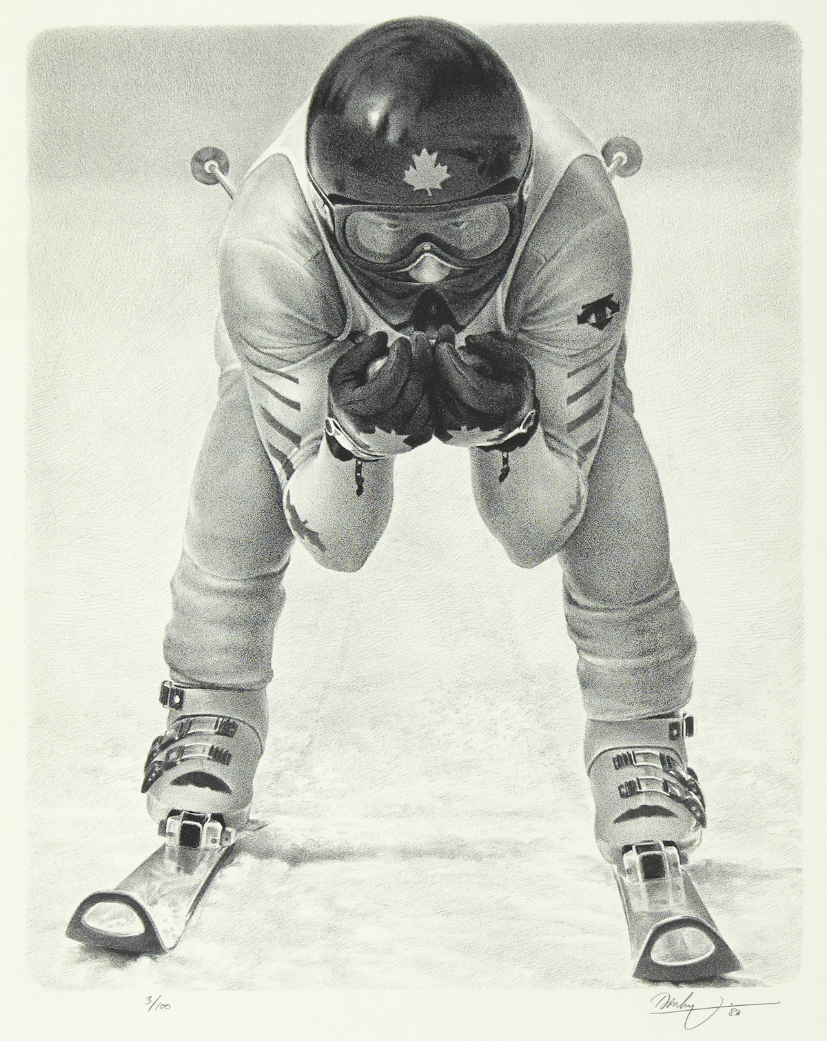 Kenneth Danby, The Downhill Racer, black and white lithograph, 1983